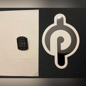 Peloton Century Club pin and “P” logo sticker